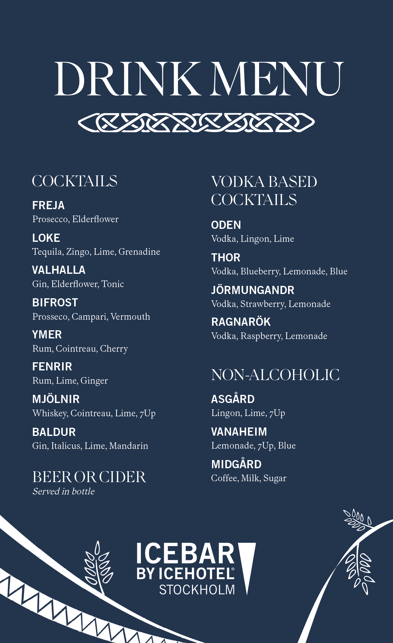 ICEBAR Stockholm drink menu 2026